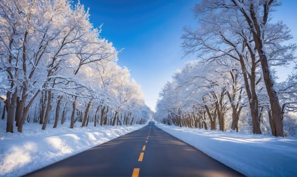 A paved road lined with tall, snow-covered trees stretches into the distance on a sunny winter day. The road is empty and the snow is pristine, making for a picturesque scene.