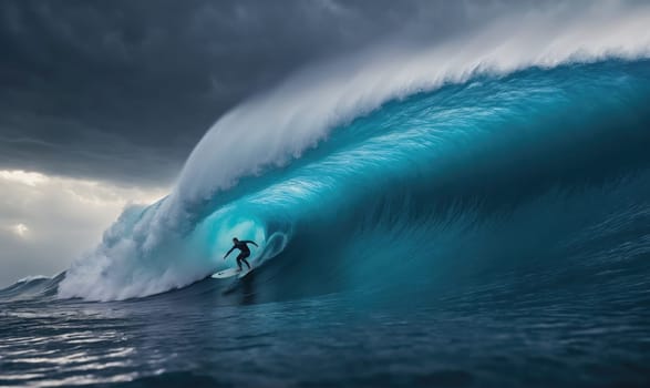 A lone surfer rides a massive wave, with the top of the wave breaking and the sky cloudy.