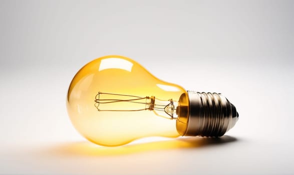 A light bulb lays on a white surface. The bulb is yellow and has a clear glass exterior, revealing the thin filament inside. The bulb is lying on its side, and the base is visible