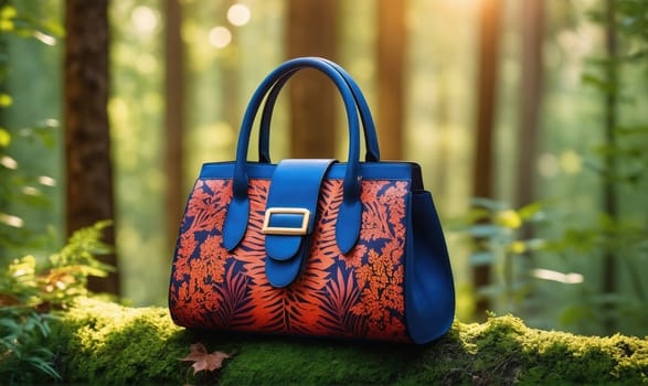 A blue leather handbag with an orange floral design is sitting on a log covered in moss. The background is a blurry image of a forest.