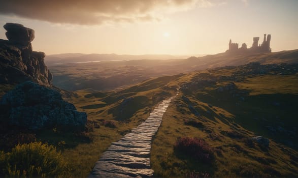 A stone path winds up a grassy hill towards a ruined castle in the distance. The sun sets in the background, casting a warm orange light over the scenery.