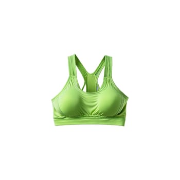 vibrant lime sports bra with a strappy back captured in a powerful spin fabric swirling. Woman lingerie isolated on transparent background.