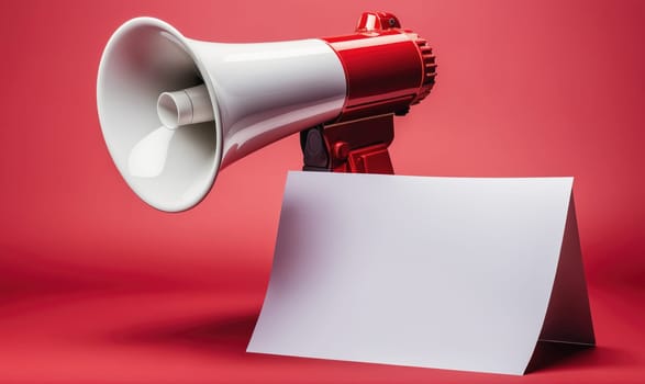 A white megaphone, with a red handle, is positioned on a blank white sign. The sign is angled up, and the megaphone's horn is pointing toward the viewer. The background is a solid red.