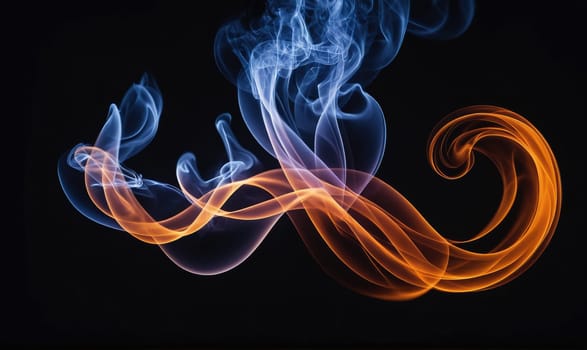 Two different colored smoke trails, blue and orange, intertwine and dance across a black backdrop. The smoke forms abstract patterns that appear to move and flow.