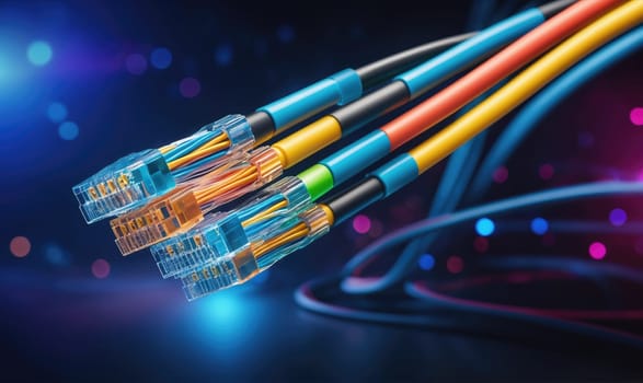 A close-up of several ethernet cables connected together, with a blue and purple bokeh background. The cables are brightly colored and are connected with RJ-45 connectors.