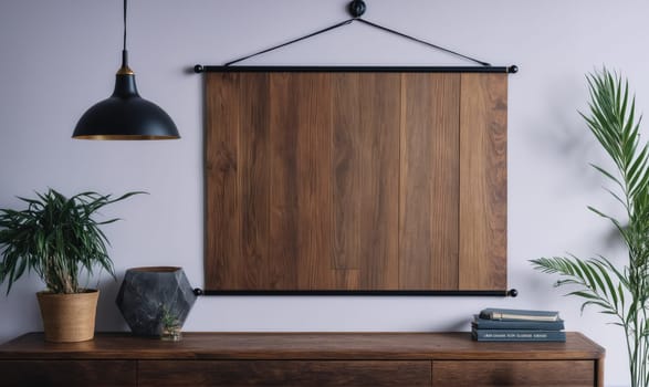 A wooden panel hangs on a white wall in a room with a black pendant light hanging above a dresser. A potted plant sits on the dresser.