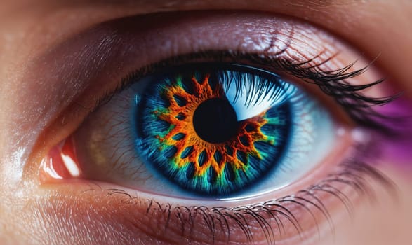 A person's eye with a close-up view of a colorful contact lens. The lens is blue with a orange sun design in the center. The eyelashes are visible and the eye is looking slightly to the right.