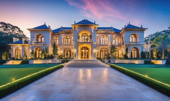 A large, white mansion with ornate detailing stands at the end of a long, paved driveway. The house is illuminated by warm lights, and the sky is a soft pink and blue
