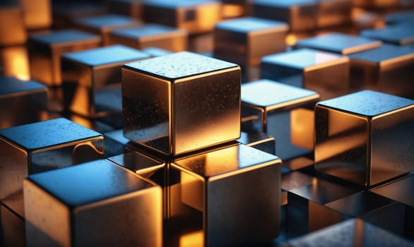 A group of metallic cubes are stacked on top of each other. The cubes are arranged in a grid pattern, and they reflect the light from a warm source, creating a bright and shiny surface