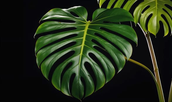 A large, green leaf with fenestrations is isolated on a black background. The plant is a Monstera deliciosa, and the leaf is the main subject.