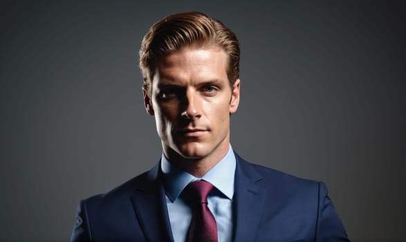 A man with red hair is wearing a blue suit and a red tie. He is looking directly at the camera with a serious expression. The background is a plain gray.
