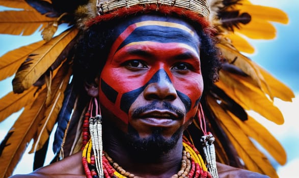 A man wearing a headdress made of yellow feathers, red paint on his face and chest, and beaded jewelry around his neck.