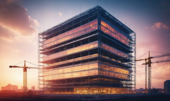 A tall building is being constructed. The building has many windows and is surrounded by scaffolding. There are two cranes working on the project in the background