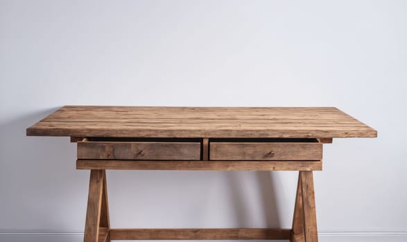 A wooden desk with a wide, rectangular top and two drawers sits in front of a blank, white wall. The desk is made of natural wood with a rustic finish, and the drawers have simple brass handles.