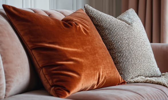 Two pillows lay on a plush, pale-pink couch. The pillow on the left is made of a rich brown velvet. The pillow on the right is made of a gray fabric with a subtle pattern.
