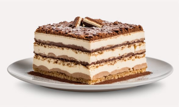 A square slice of layered cake with chocolate and vanilla filling is sitting on a white plate. There are crumbs of cake sprinkled on the plate and a few pieces of chocolate are on top of the cake.