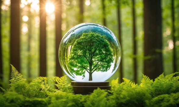 A clear glass orb sits on a bed of ferns in a forest. The orb contains a small, green tree. The background is blurred, showing the forest behind the orb.
