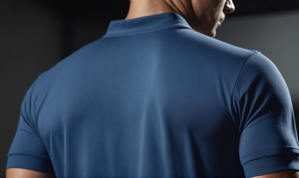 A person wearing a blue polo shirt stands in front of a dark background. The shirt appears smooth and wrinkle-free.