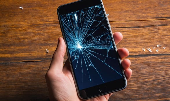 A hand is holding a smartphone with a broken screen. The screen is covered in spiderweb-like cracks. There are pieces of broken glass on the table next to the hand.