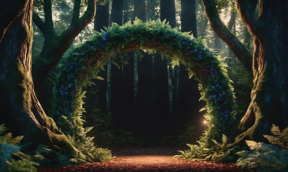 A circular archway of vines and leaves sits in a dense forest, with tall trees and a dirt path leading through the archway. Light shines through the archway, revealing a dark but inviting path.