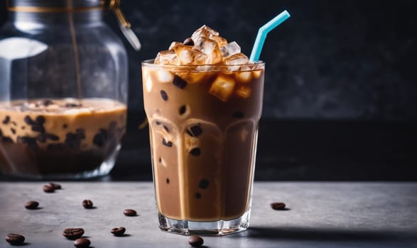 A tall glass of iced coffee filled with ice cubes and a blue straw sits on a gray countertop with a few coffee beans scattered around it. A glass jar with coffee is blurred in the background.