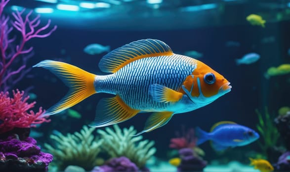 A single fish with bright orange, blue, and yellow scales swims through an aquarium. The fish is surrounded by green, blue, and purple coral.