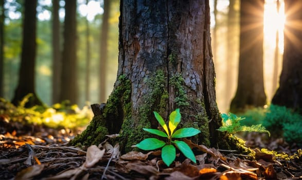A close-up view of a tree trunk in a forest. The base of the tree is covered in moss, and a small green plant is growing from the ground. Sunlight filters through the trees, illuminating the scene.