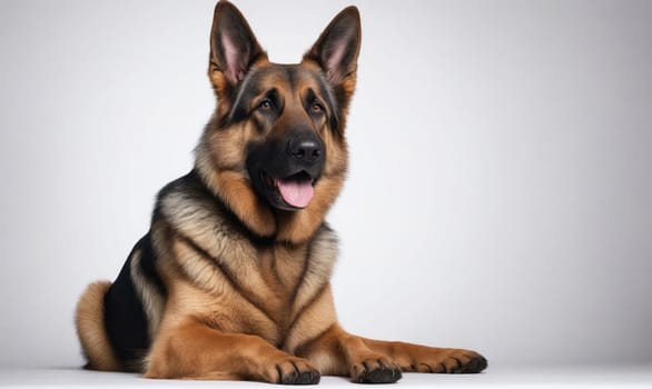A German Shepherd dog, with black and brown fur, sits in front of a white background. It has its tongue sticking out and its ears perked up.