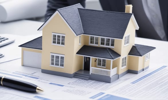 A small house model sits on a desk covered in paperwork, including an open calculator. A black pen is lying on the paperwork