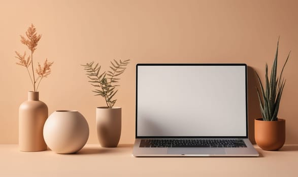 A laptop computer with a blank white screen sits on a table with a beige background. To the left of the laptop are three vases filled with dried plants
