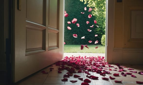 Rose petals float in the air through an open door, landing on the floor inside.