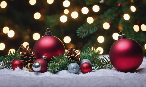 A close-up shot of three red ornaments on a bed of snow, with a pine branch and pine cone in the foreground