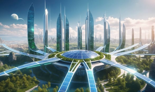 An aerial view of a futuristic city with tall, slender buildings and a central dome. The buildings are connected by bridges and walkways, and the ground is covered in solar panels.