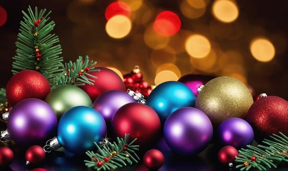 A group of colorful ornaments, including red, green, blue, purple, and gold, are arranged on a dark surface with pine branches. The background is blurry and features warm, golden lights.