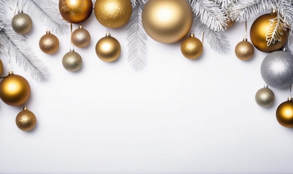 A white background is decorated with a white branch with gold and silver Christmas ornaments. The ornaments are arranged in a curve at the top of the image.