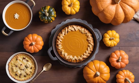 A pumpkin pie with a lattice crust is displayed in a black skillet, surrounded by pumpkins of various sizes and a bowl of pumpkin soup. A pie with a similar crust is also visible in the foreground.