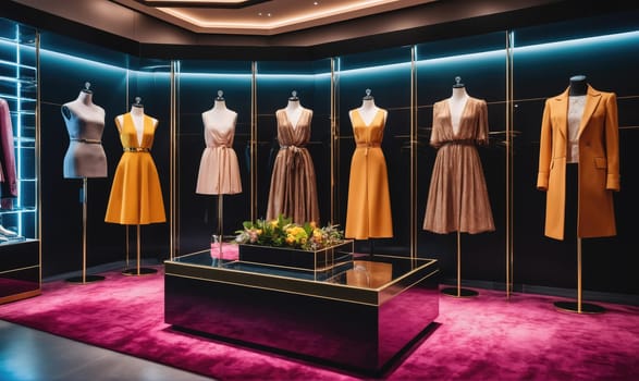 A retail store interior with a pink carpet and a black coffee table. Seven mannequins are displaying various dresses and a coat. The mannequins are arranged on metal stands.