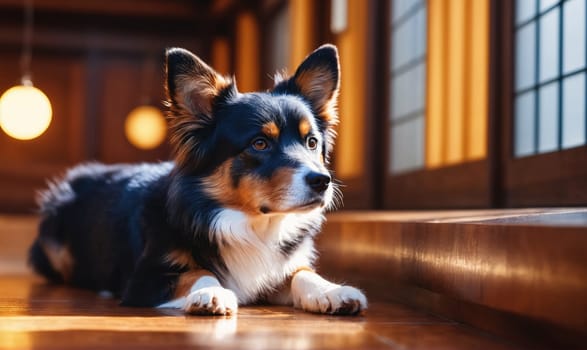 A dog is laying on a wooden floor in front of a window. The dog is looking out the window, possibly watching something outside. The scene has a calm and peaceful mood, as the dog is relaxed
