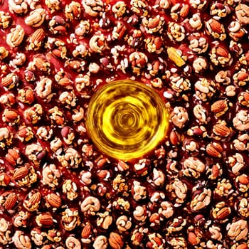Keto nut mix mandala hovering low carb nuts and seeds swirling MCT oil. Food isolated on transparent background.