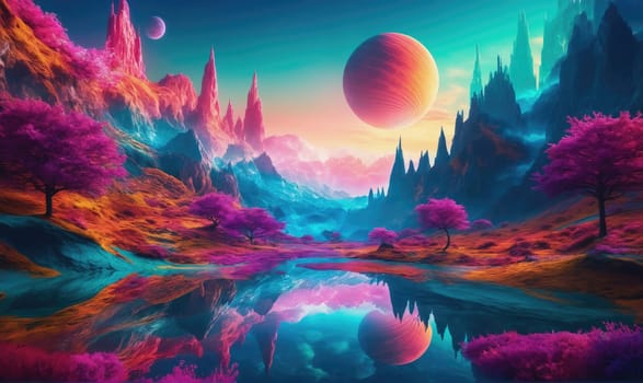 An ethereal landscape with vibrant colors and a dreamy atmosphere. The scene features a vast lake surrounded by trees and mountains