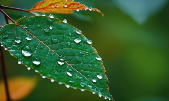 A close-up shot of a green leaf covered in raindrops. The leaf is part of a branch with a small piece of an orange leaf in the background.