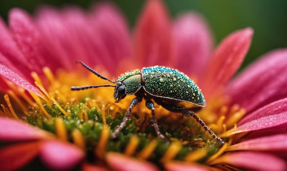 A green beetle with blue spots crawls along a pink flower with yellow and green accents.