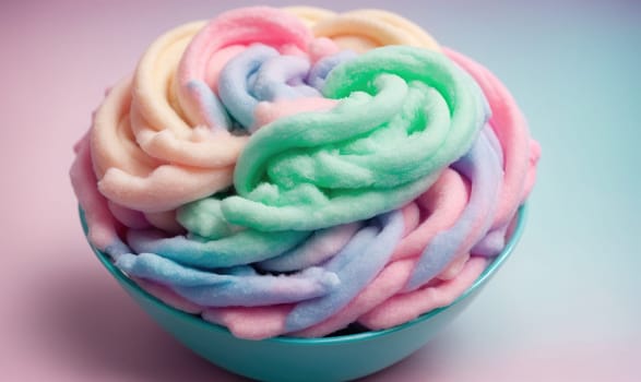 A bowl of slime in teal, pink, light blue, and yellow shades is in a teal bowl on a light pink and blue gradient surface.