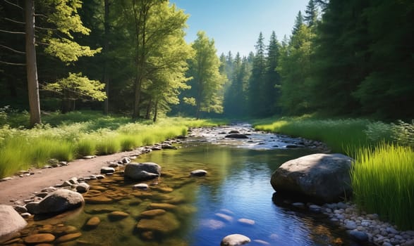 A river with crystal clear water winds its way through a dense forest. The sun shines through the trees, casting dappled light on the stream. Large, smooth rocks line the edges of the riverbed