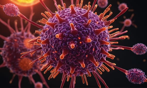 A close-up 3D rendering of a virus, depicting its complex structure with numerous red spikes protruding from a purple core.