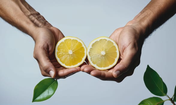 A person is holding two halves of a lemon, cut in half, in their open palms. They are positioned facing the camera, with the cut sides of the lemon facing outward