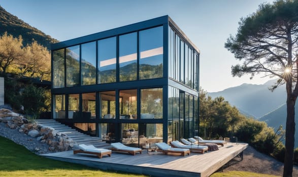 A contemporary home with large glass windows sits on a hillside, surrounded by trees and mountains. The house features a spacious deck with lounge chairs and a view of the valley below