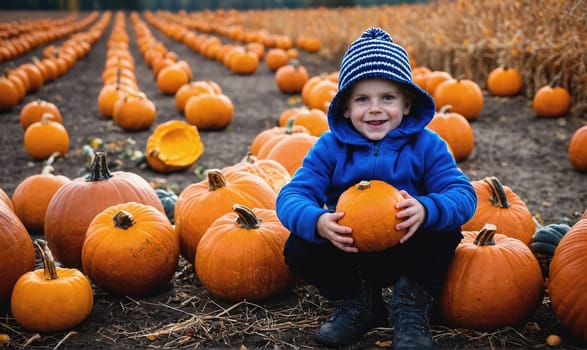 A young boy wearing a blue jacket and a striped knit hat sits amongst a field of pumpkins. He is smiling and holding a small pumpkin in his hands.