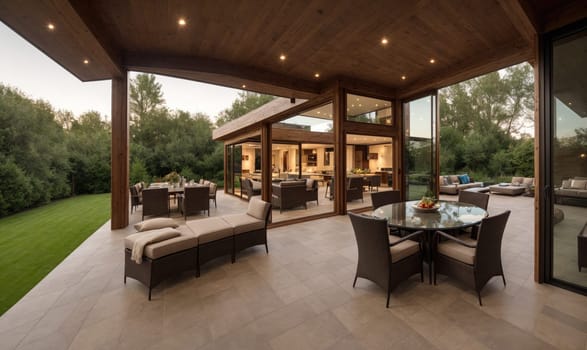 A covered patio with a wood ceiling and beige tile floor features a round glass table with chairs. The patio is partially enclosed by glass doors leading to the outside