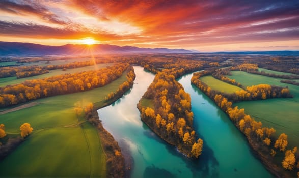An aerial view of a river snaking through a valley, framed by lush green fields and autumnal trees. The setting sun casts a warm glow over the landscape, creating a stunning scene of natural beauty.
